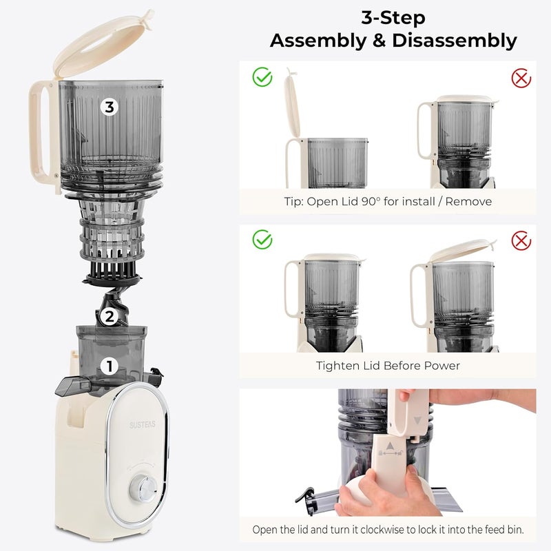 susteas Cold Press Juicer, 5.3" Feed Chute Slow Masticating Machines with 300W, Fit Whole Fruits & Vegetables, High Juice Yield, Easy to Clean, White - Image 2